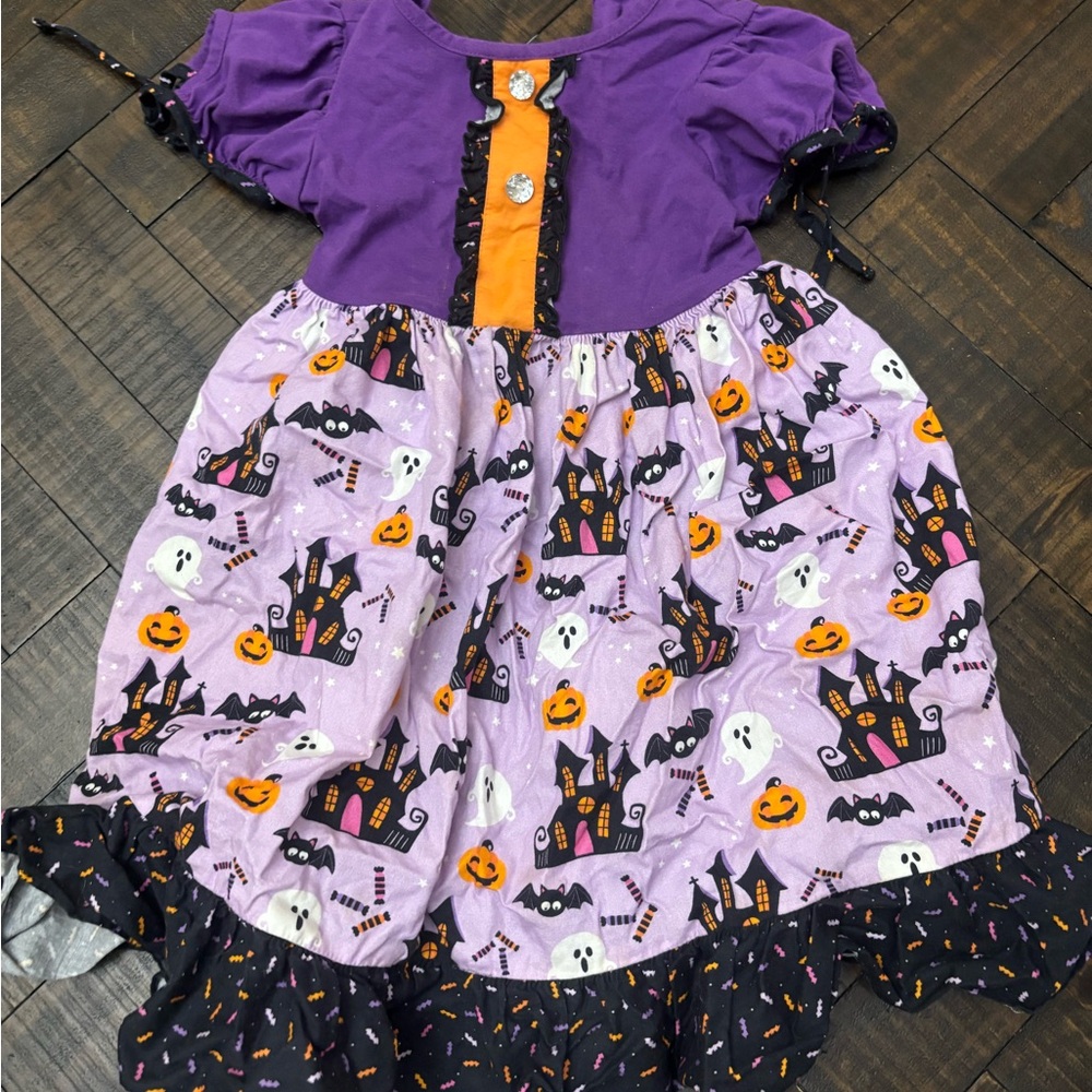 Spooky Fun Kids Halloween Dress - Purple and Orange. Ricrac and ruffles